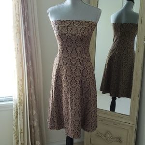 Antique Gold Damask Strapless Vintage Print Dress
